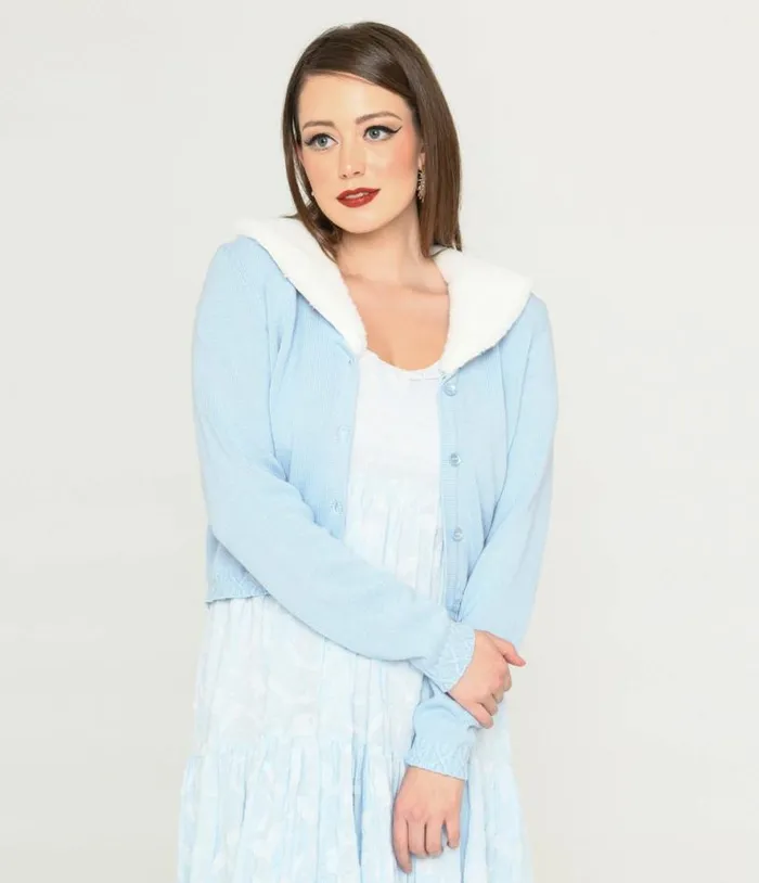 Collectif Light Blue and Faux Fur Collar Cardigan Clothing Unique Vintage Sweaters and Cardigans