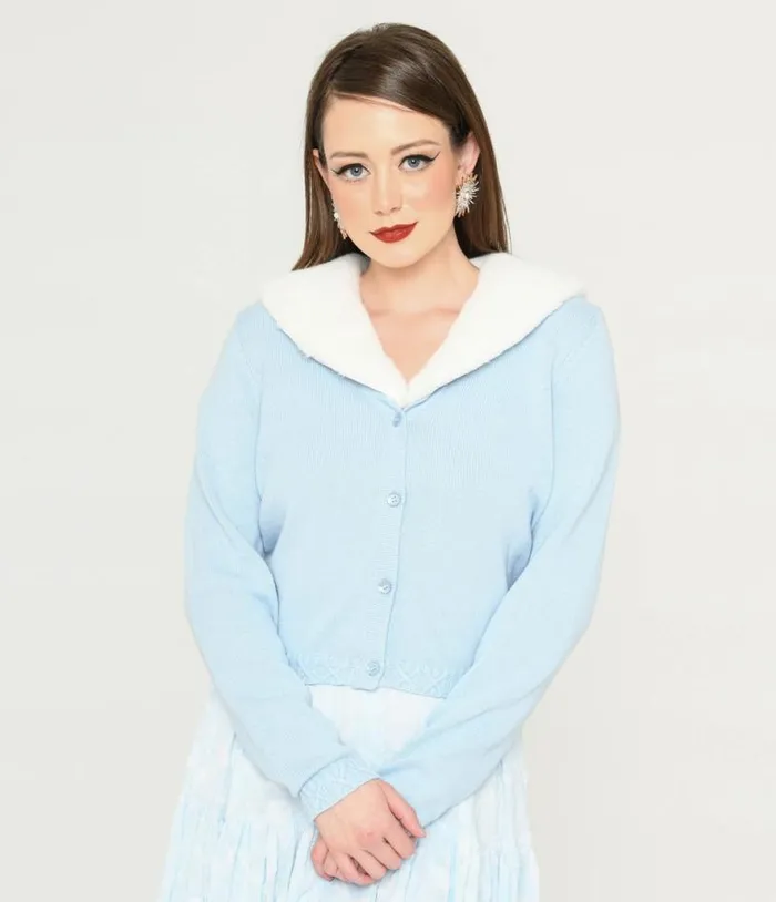 Collectif Light Blue and Faux Fur Collar Cardigan Clothing Unique Vintage Sweaters and Cardigans