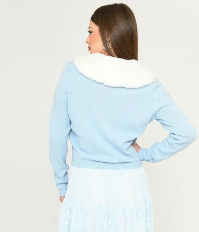 Collectif Light Blue and Faux Fur Collar Cardigan Clothing Unique Vintage Sweaters and Cardigans