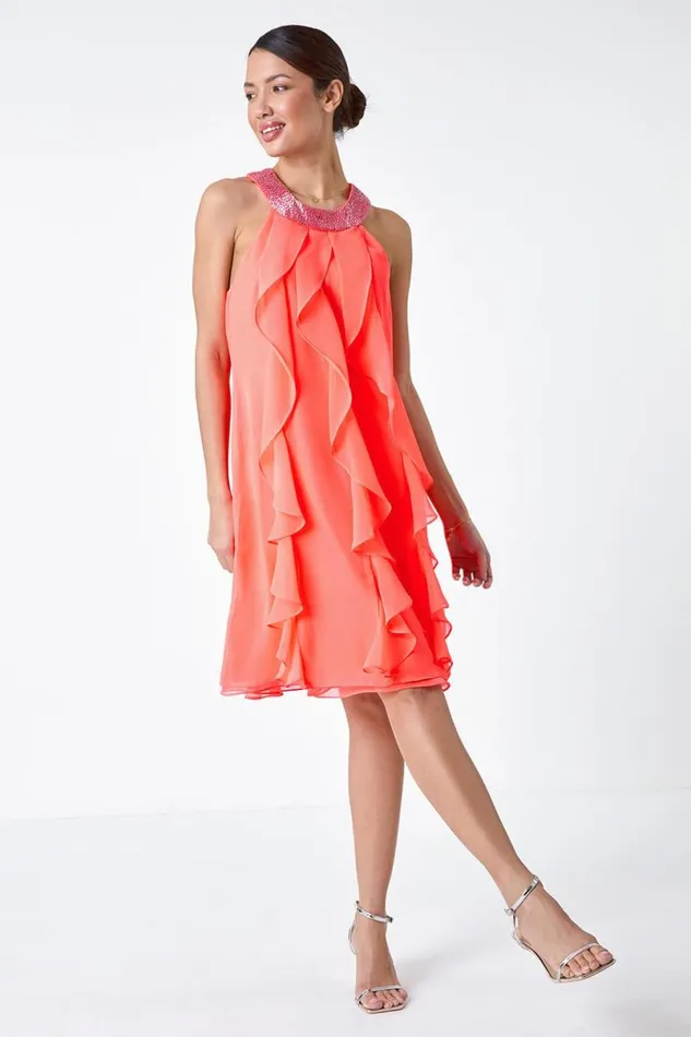 Coral Embellished Collar Frilled Chiffon Dress Women Roman Dresses