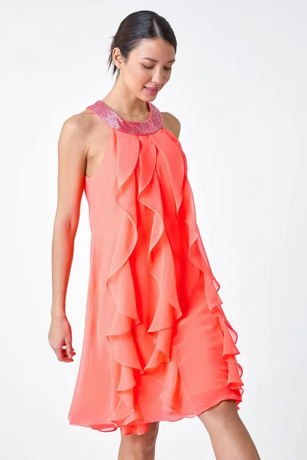 Coral Embellished Collar Frilled Chiffon Dress Women Roman Dresses