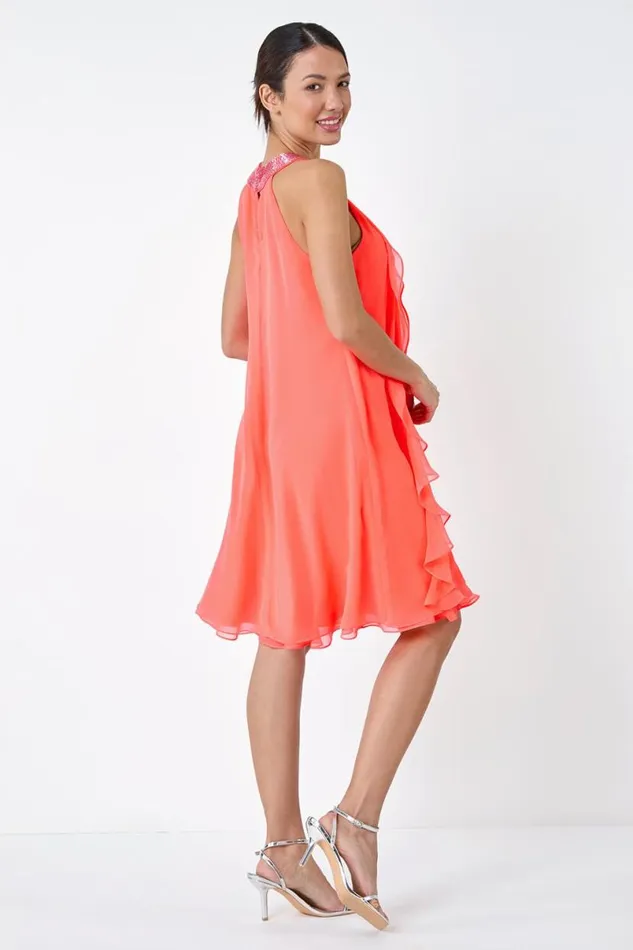 Coral Embellished Collar Frilled Chiffon Dress Women Roman Dresses