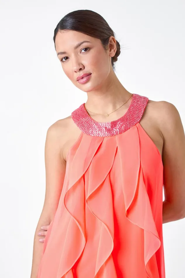 Coral Embellished Collar Frilled Chiffon Dress Women Roman Dresses