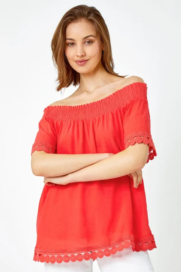 Coral Lace Detail Shirred Bardot Top Women Roman Tops