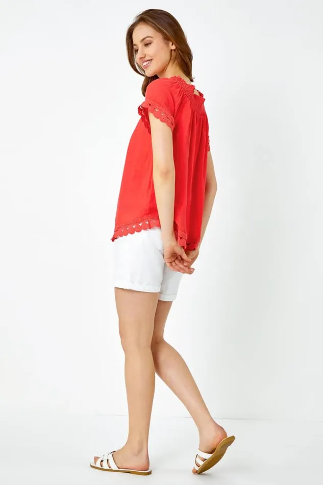Coral Lace Detail Shirred Bardot Top Women Roman Tops