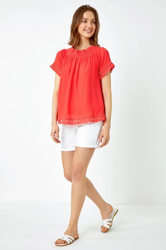Coral Lace Detail Shirred Bardot Top Women Roman Tops