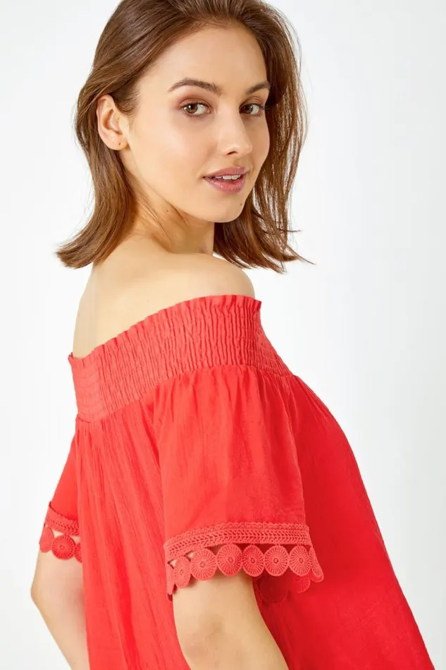 Coral Lace Detail Shirred Bardot Top Women Roman Tops