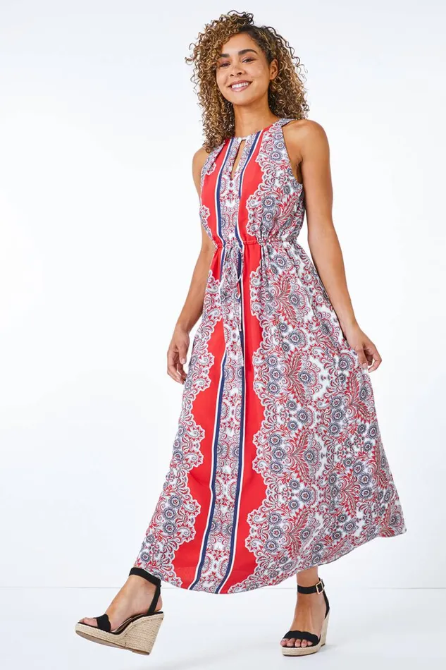 Coral Petite Paisley Halterneck Maxi Dress Women Roman Dresses