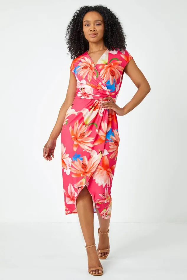 Coral Petite Ruched Floral Wrap Dress Women Roman Dresses