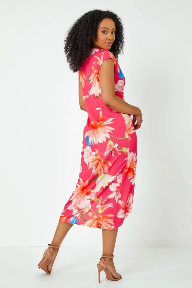 Coral Petite Ruched Floral Wrap Dress Women Roman Dresses