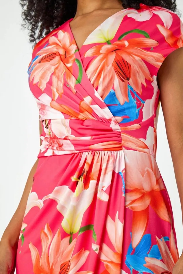 Coral Petite Ruched Floral Wrap Dress Women Roman Dresses