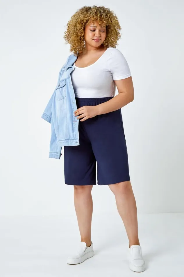 Curve Wide Leg Elastic Waist Stretch Shorts Women Roman Shorts