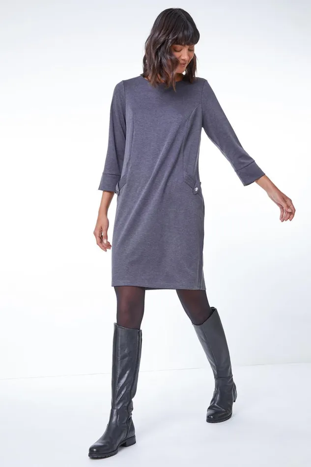 Dark Grey Button Detail Stretch Shift Dress Women Roman Dresses