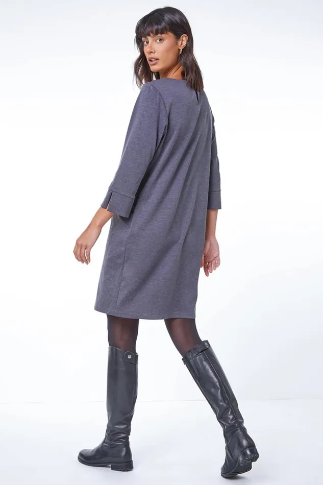 Dark Grey Button Detail Stretch Shift Dress Women Roman Dresses