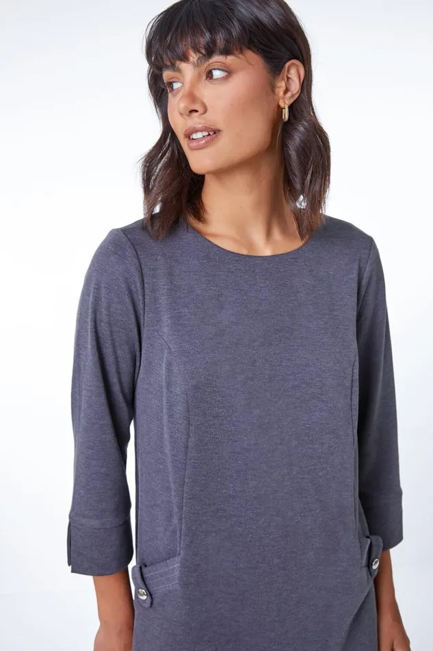Dark Grey Button Detail Stretch Shift Dress Women Roman Dresses