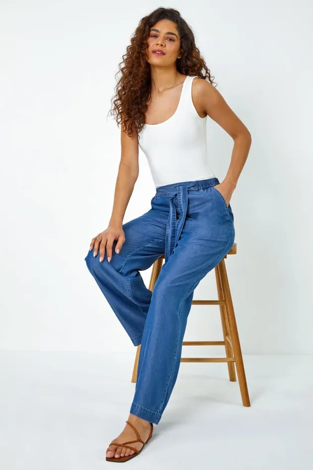 Denim Elastic Tie Waist Pocket Shorts Women Roman Trousers