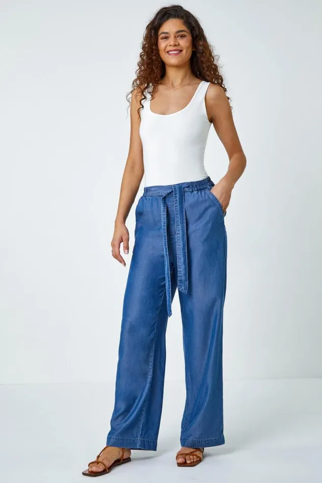 Denim Elastic Tie Waist Pocket Shorts Women Roman Trousers