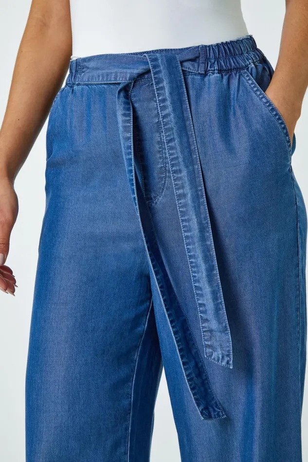 Denim Elastic Tie Waist Pocket Shorts Women Roman Trousers
