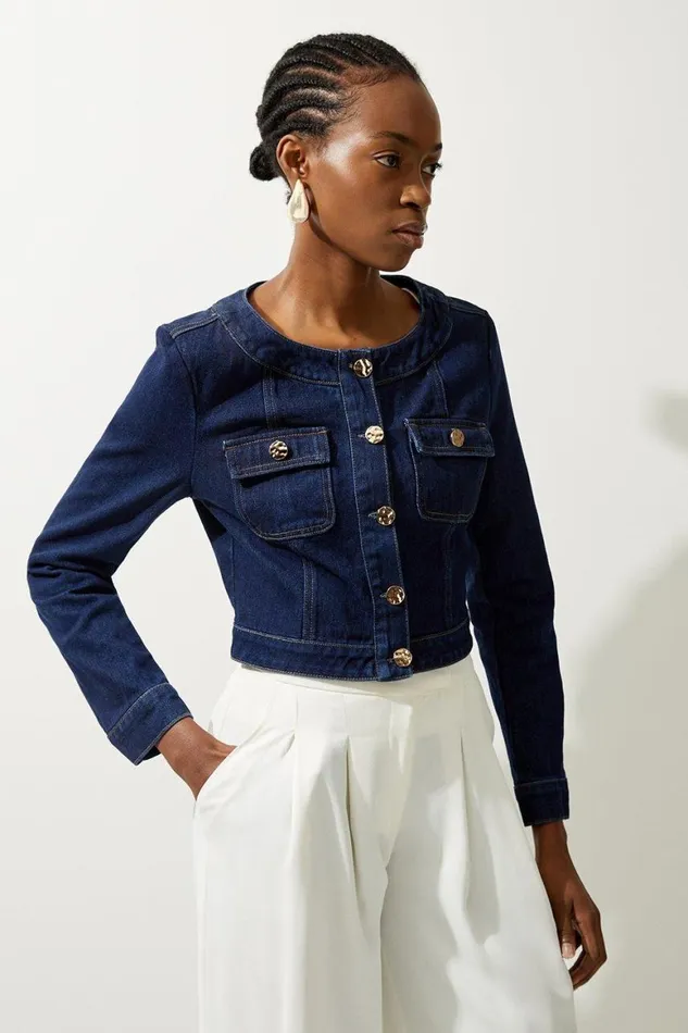 Denim Women Karen Millen Cropped Denim Pocket Detail Jacket Indigo