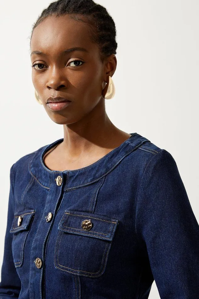 Denim Women Karen Millen Cropped Denim Pocket Detail Jacket Indigo