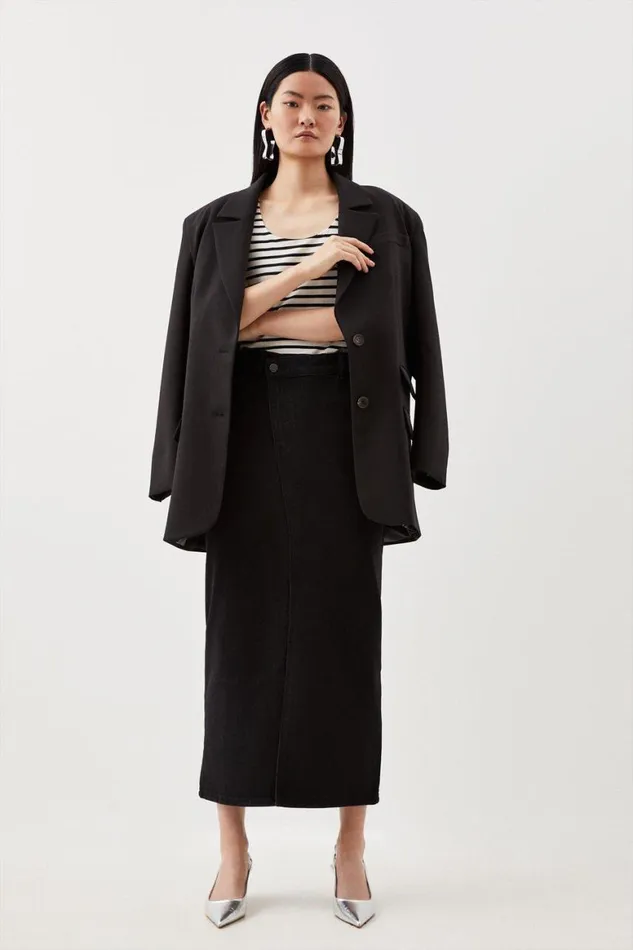 Denim Women Karen Millen Denim Asymmetric Waistband Detail Maxi Skirt Black