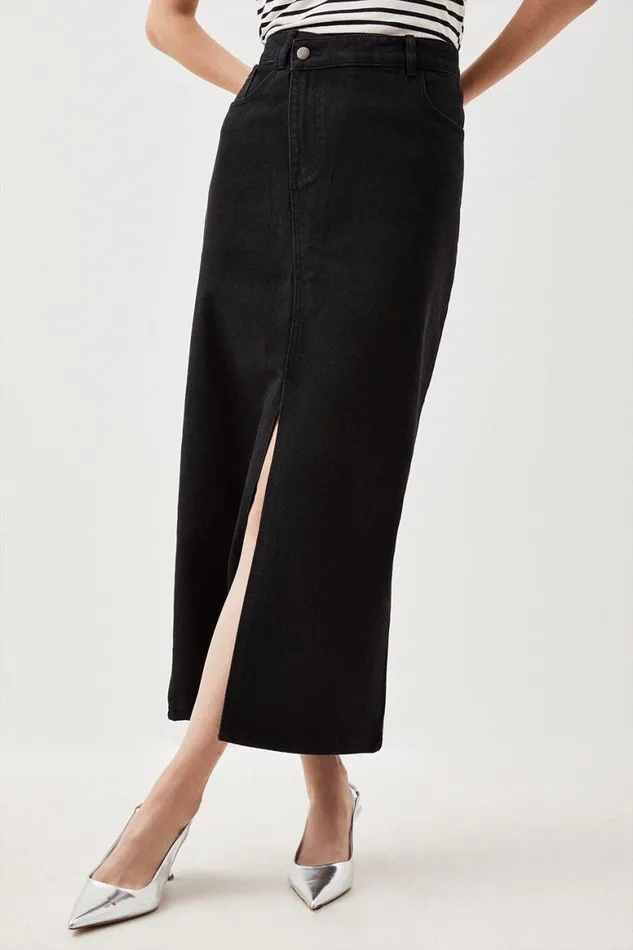 Denim Women Karen Millen Denim Asymmetric Waistband Detail Maxi Skirt Black