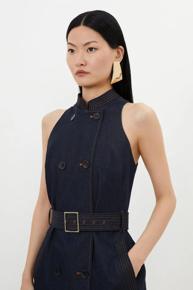 Denim Women Karen Millen Tailored Denim Double Breasted Belted Midi Dress Denim