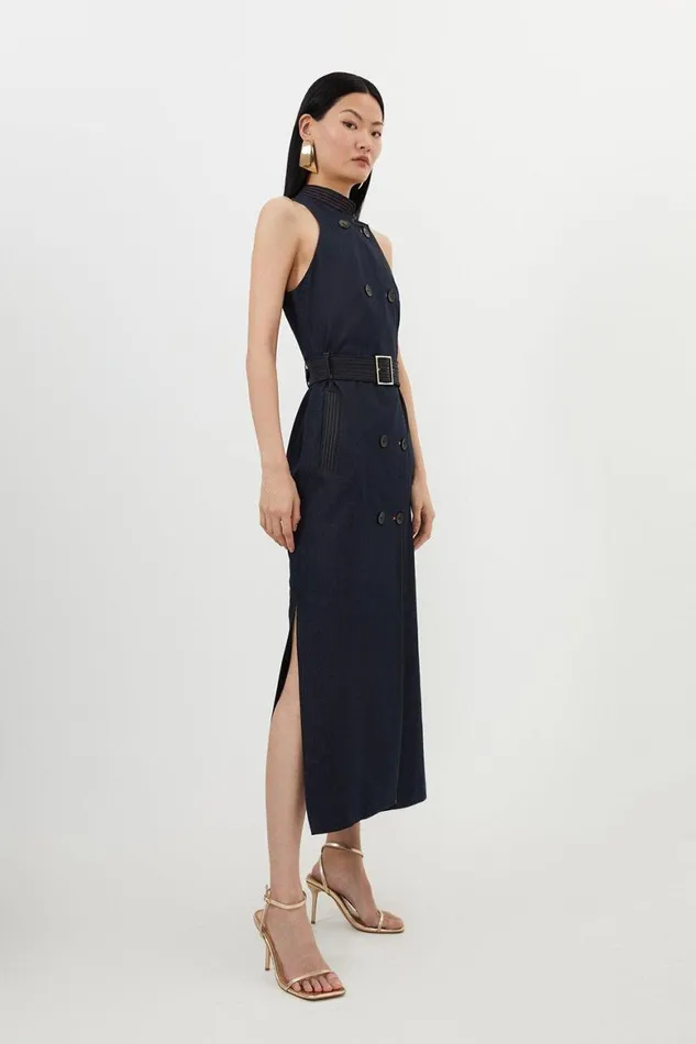 Denim Women Karen Millen Tailored Denim Double Breasted Belted Midi Dress Denim