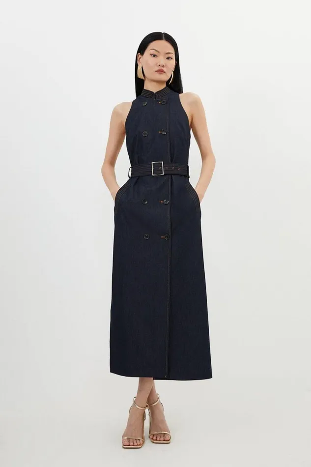 Denim Women Karen Millen Tailored Denim Double Breasted Belted Midi Dress Denim