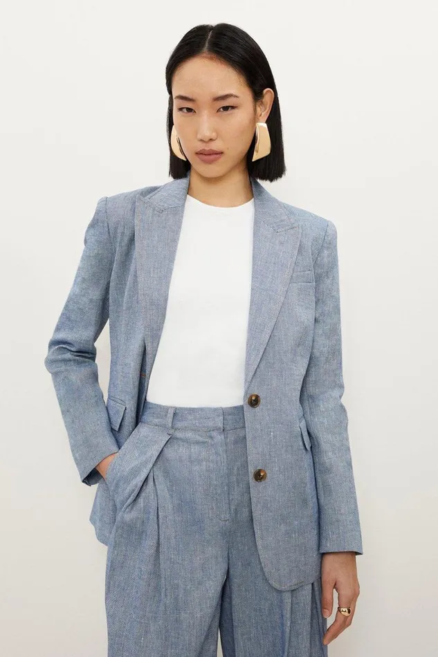 Denim Women Karen Millen Tailored Denim Look Linen Single Breasted Jacket Blue