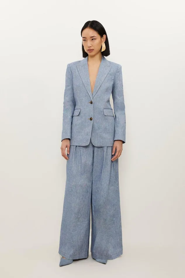Denim Women Karen Millen Tailored Denim Look Linen Single Breasted Jacket Blue