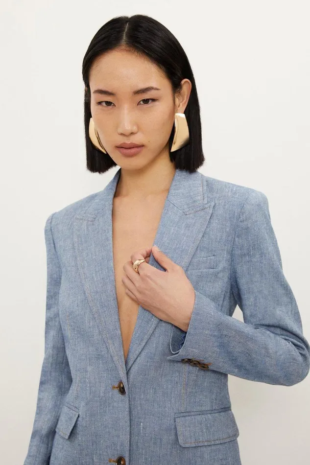 Denim Women Karen Millen Tailored Denim Look Linen Single Breasted Jacket Blue