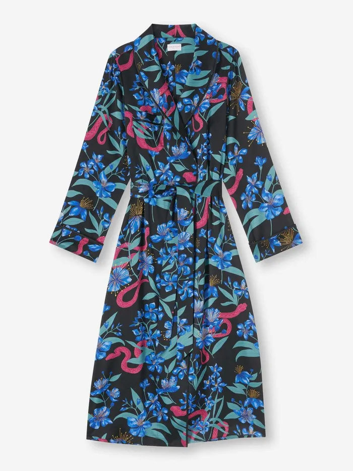 Derek Rose Long Robe Brindisi 101 Silk Satin Black Women Silk Robes
