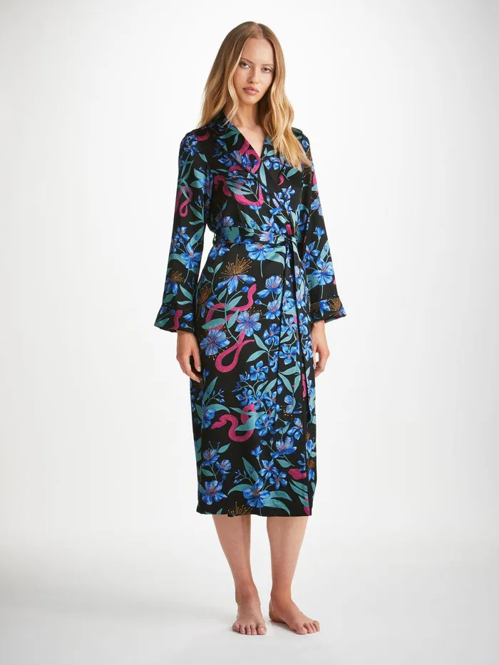 Derek Rose Long Robe Brindisi 101 Silk Satin Black Women Silk Robes