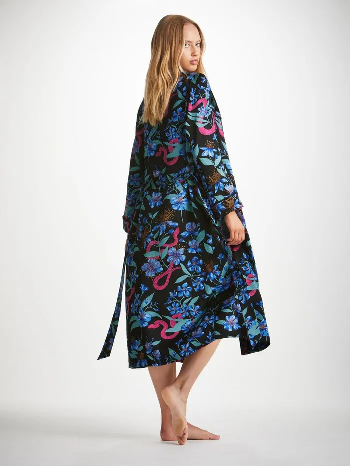Derek Rose Long Robe Brindisi 101 Silk Satin Black Women Silk Robes