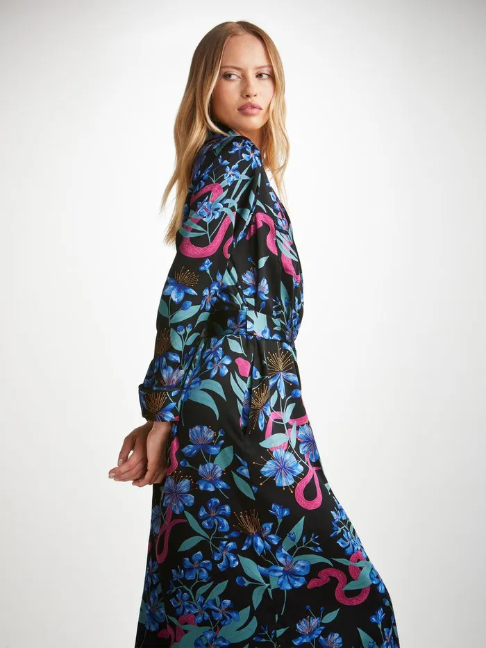 Derek Rose Long Robe Brindisi 101 Silk Satin Black Women Silk Robes
