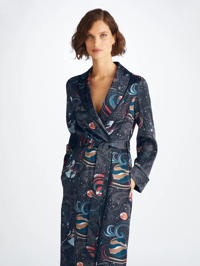 Derek Rose Long Robe Brindisi 105 Silk Satin Navy Women Silk Robes