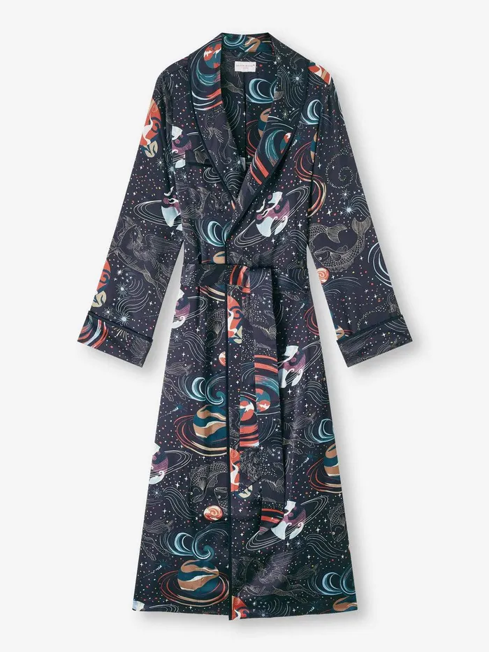 Derek Rose Long Robe Brindisi 105 Silk Satin Navy Women Silk Robes