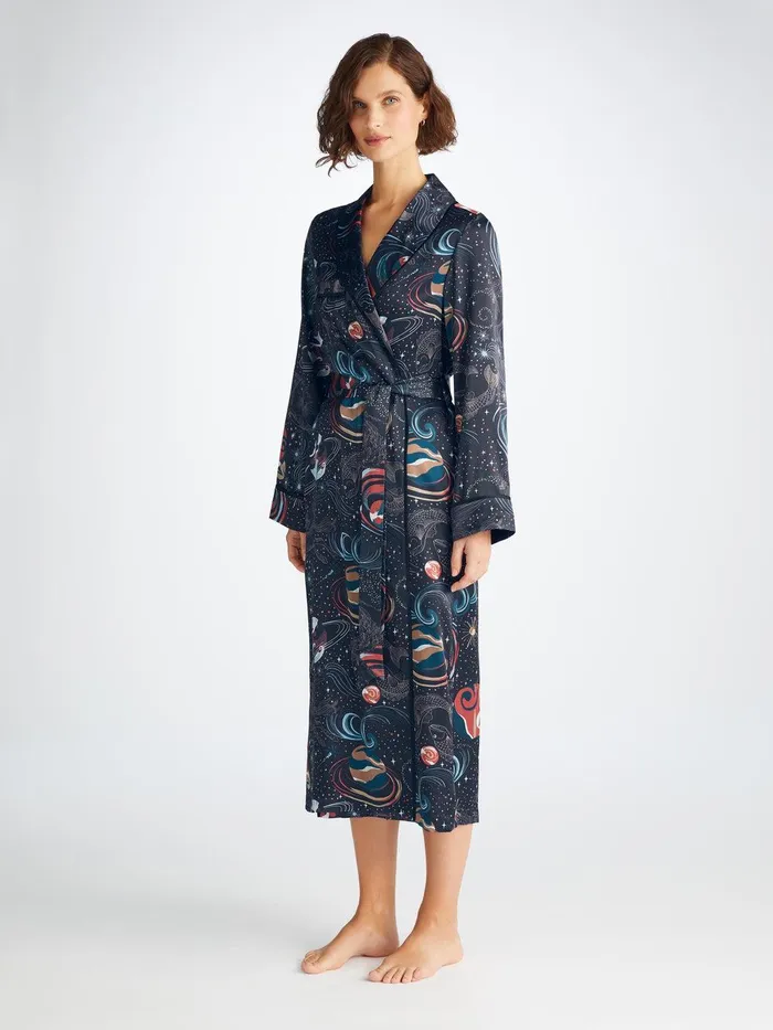 Derek Rose Long Robe Brindisi 105 Silk Satin Navy Women Silk Robes