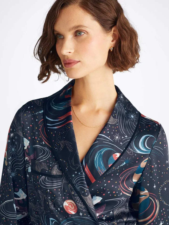 Derek Rose Long Robe Brindisi 105 Silk Satin Navy Women Silk Robes