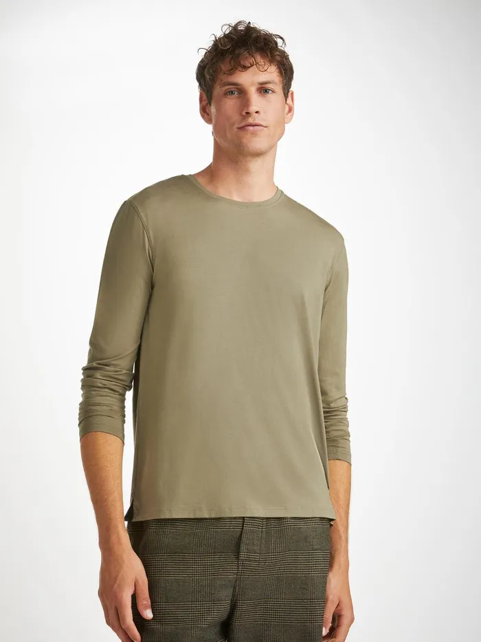 Derek Rose Long Sleeve TShirt Basel Micro Modal Stretch Khaki Men Long Sleeve TShirts