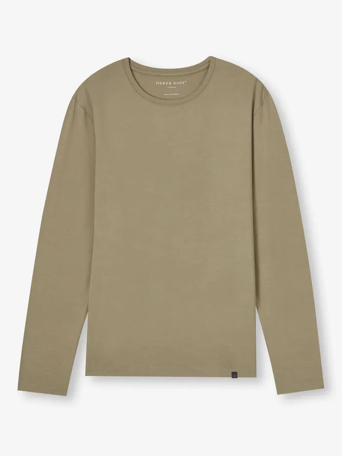 Derek Rose Long Sleeve TShirt Basel Micro Modal Stretch Khaki Men Long Sleeve TShirts