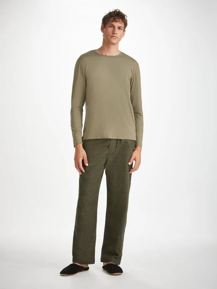 Derek Rose Long Sleeve TShirt Basel Micro Modal Stretch Khaki Men Long Sleeve TShirts
