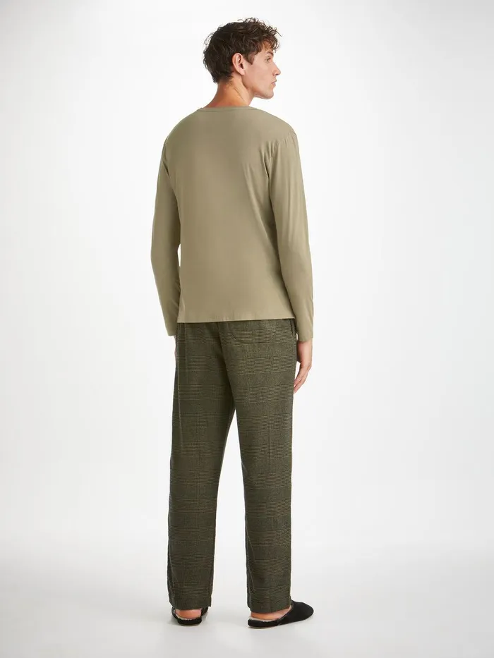 Derek Rose Long Sleeve TShirt Basel Micro Modal Stretch Khaki Men Long Sleeve TShirts