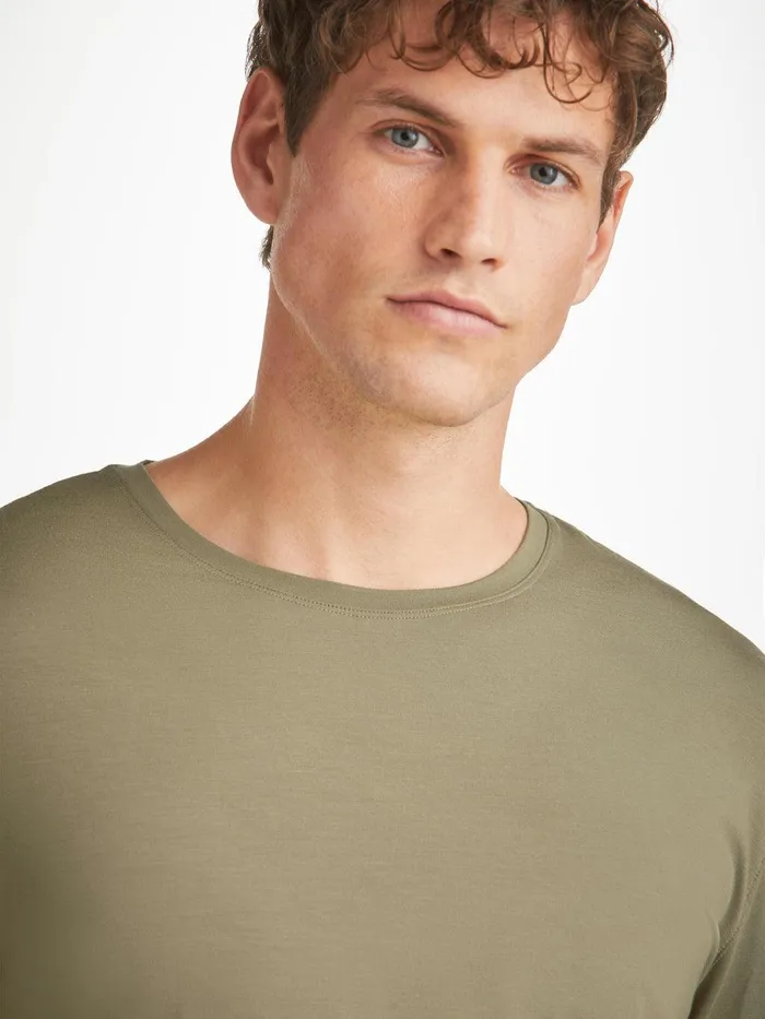 Derek Rose Long Sleeve TShirt Basel Micro Modal Stretch Khaki Men Long Sleeve TShirts