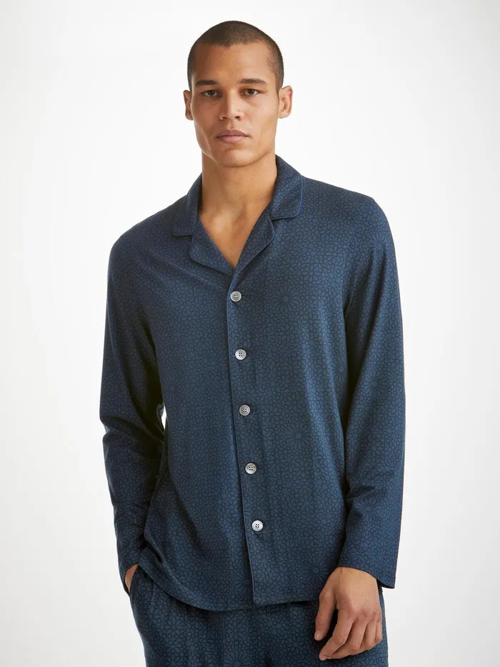 Derek Rose Pajamas London 12 Micro Modal Navy Men Long Pajamas
