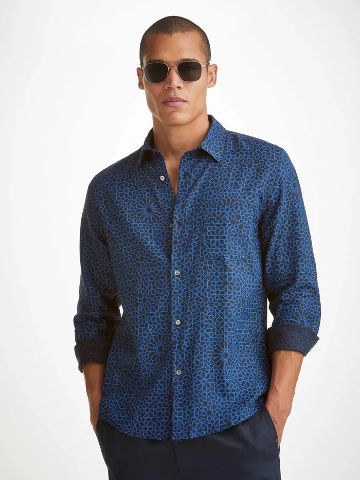 Derek Rose Shirt Milan 23 Linen Navy Men Casual Shirts