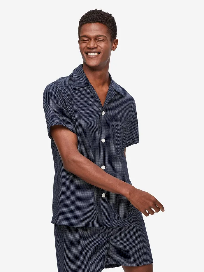 Derek Rose Short Pajamas Plaza 21 Cotton Batiste Navy Men Cotton Pajamas
