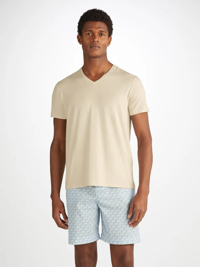 Derek Rose VNeck TShirt Basel Micro Modal Stretch Ecru Men Short Sleeve TShirts