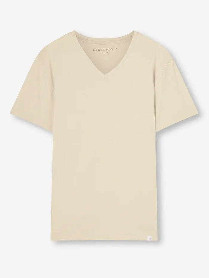 Derek Rose VNeck TShirt Basel Micro Modal Stretch Ecru Men Short Sleeve TShirts